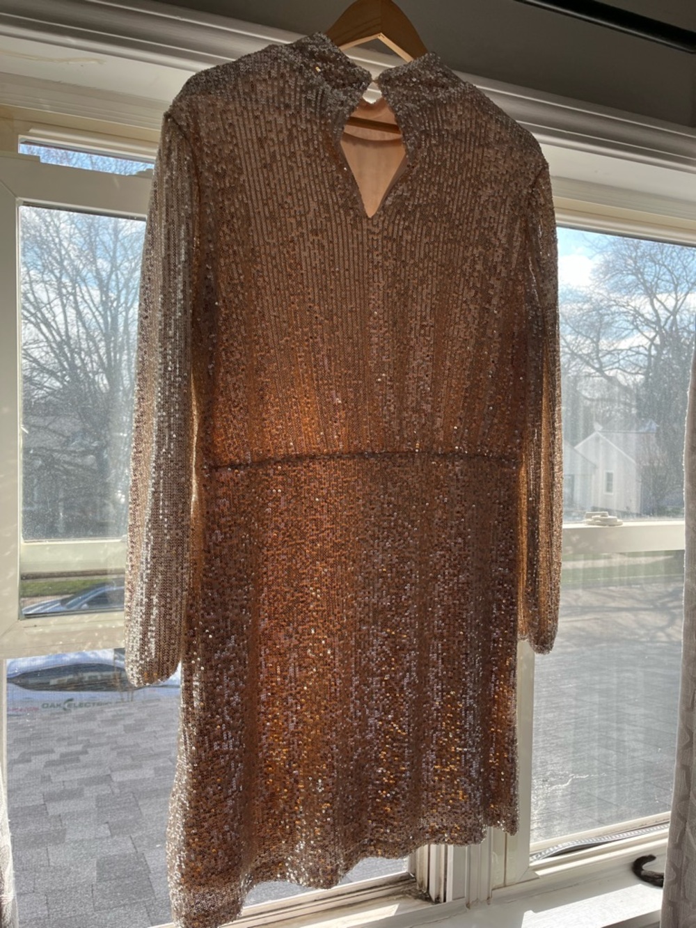 Nine West Champagne Sequin Long-Sleeve Mini Dress